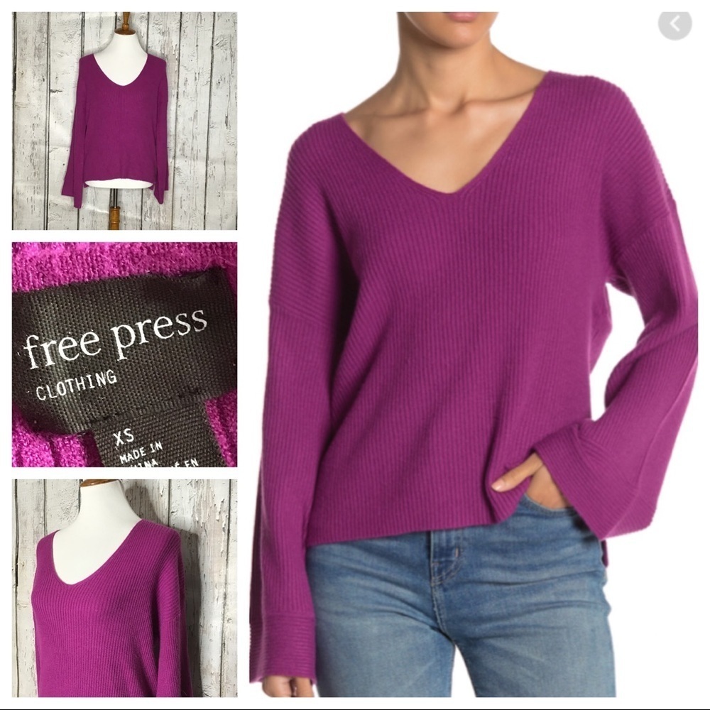 Free Press Clothing Women XS Purple V‎ Neck Ribbed Bell Sleeve Sweater